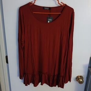 Fisoul Size L Deep Red Long Sleeve Top, Ruffle Hem
